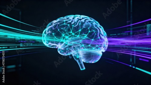 Digital brain illustration with vibrant data streams.