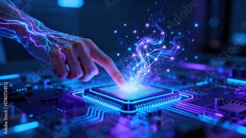 Futuristic technology with a hand touching a glowing microchip.