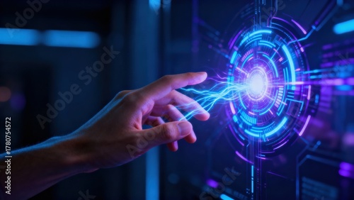 Futuristic hand touching digital energy interface.