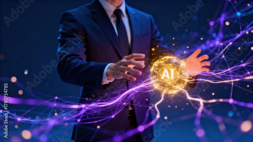 A businessman interacting with glowing AI technology visuals.