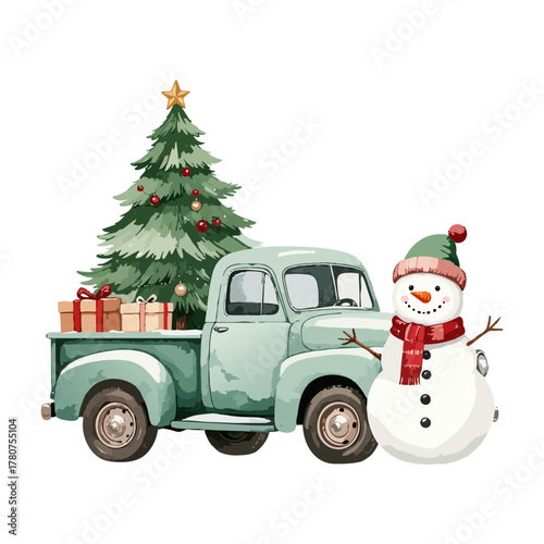 Watercolor vintage car carrying a Christmas tree on the roof, festive holiday illustration