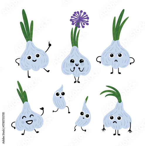 Cute vector vegetable garlic characters with different emotions, can be used for brands, packaging, printing, children's products.