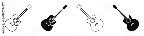 Acoustic guitar icon in linear and clipart style pack on white background.