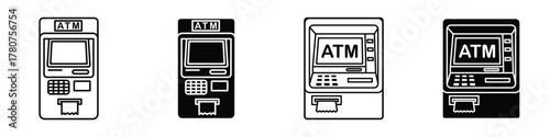 Atm icon in linear and clipart style pack on white background.