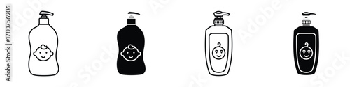 Baby shampoo container icon in linear and clipart style pack on white background.
