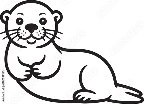 Adorable otter lying down black and white vector illustration cute aquatic animal line art sketch drawing