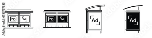 Bus stop shelter ad icon in linear and clipart style pack on white background.