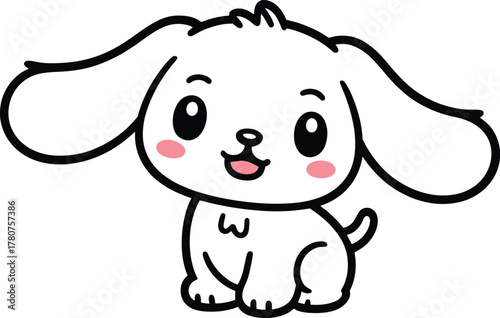 Adorable white puppy cartoon dog sitting with large floppy ears and pink cheeks illustration vector drawing art.