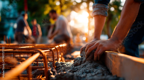 Faceless workers pouring concrete foundation defocused busy construction site background multiple activities visible foundation preparation industrial building environment coo