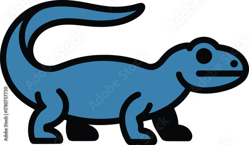 Cute blue lizard or gecko cartoon character illustration walking with black details isolated on background.