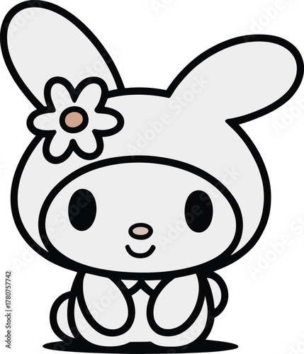 Cute bunny rabbit character wearing hood with flower accessory illustration adorable white animal mascot vector art