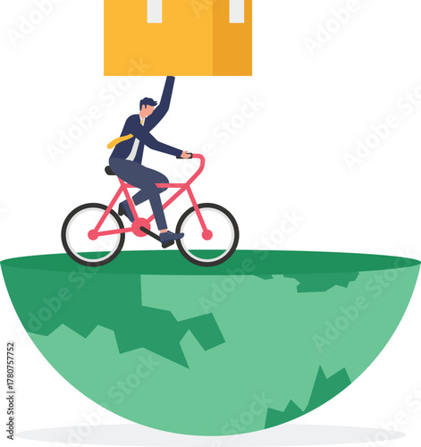 concept of A logistics worker carries a large parcel, running on a globe to deliver it
