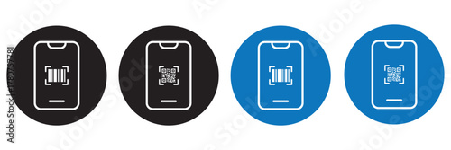 Mobile payment icon set. containing access control, digital transaction, QR code scanning thin line icon. QR code scanning in smartphone screen. Barcode scanner for pay, web, mobile app. 