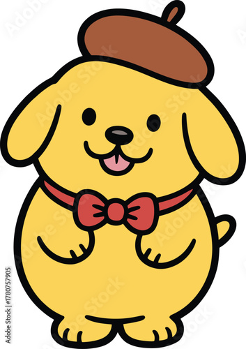 Cute cartoon golden retriever puppy dog mascot character wearing beret hat and red bowtie smiling face vector