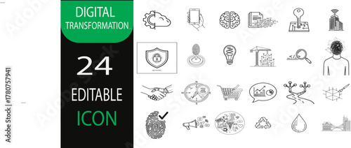 Digital Transformation Line Editable Icon set. Including Cloud computing, Mobile phone, Brain (AI), Fingerprint, Light bulb Vactor silhouette illustration.
