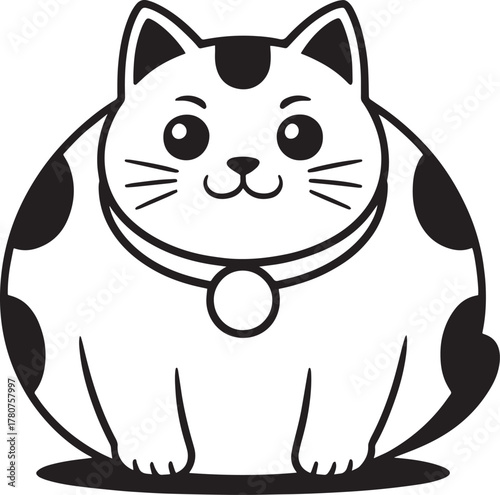 Cute plump spotted kitten sitting front view cartoon style black outline mascot design element.