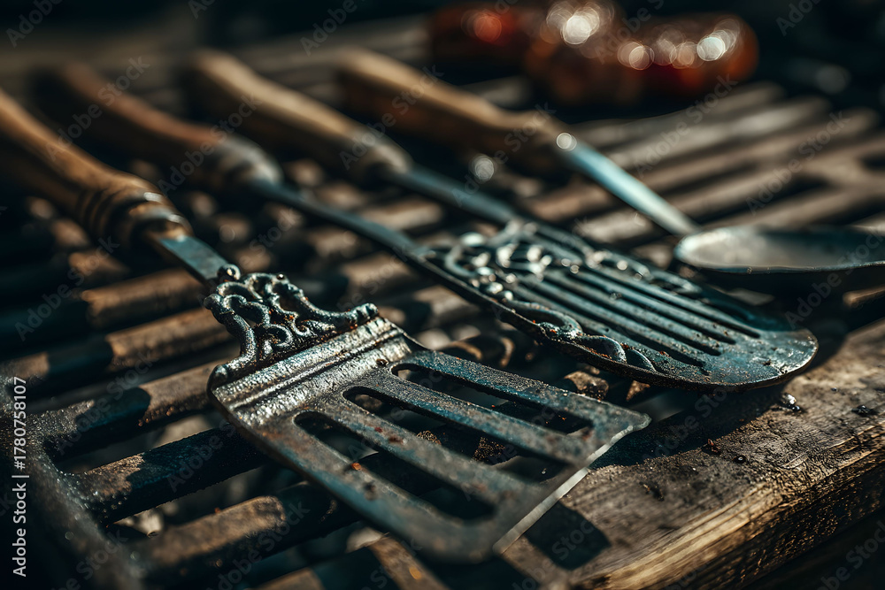 Fototapeta premium Rustic BBQ Tools in Dramatic Lighting for Cooking and Outdoor Grilling Themes