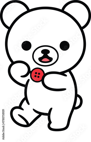 Cute white cartoon bear character with red button simple line art drawing vector illustration design