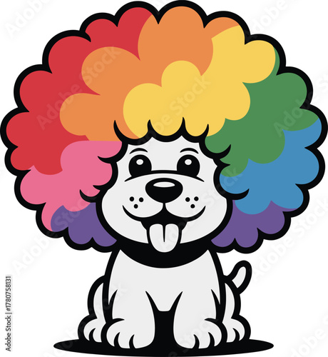 Cute white cartoon puppy dog sitting with huge rainbow afro wig hair funny mascot illustration vector graphic