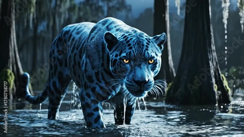 A mystical blue jaguar with piercing orange eyes emerges from a dark, swampy forest. Powerful nocturnal predator.
