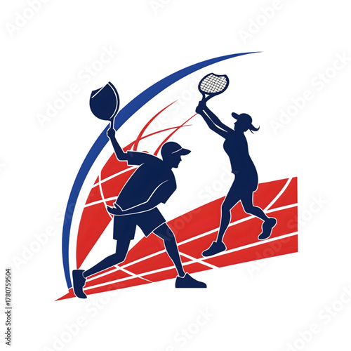 Stylized Silhouette of Tennis Players in Energetic Forehand and Smash Action on Abstract Court Background
