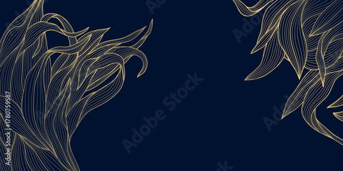 Vector golden floral leaf pattern, tropical and botanical elements with linear decorative details. Luxury backgrounds, wallpaper, invitations, vintage design templates.