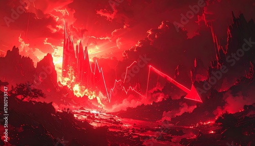 Red landscape, jagged mountains, burning sky, and a large red descending arrow imply decline or loss against a backdrop