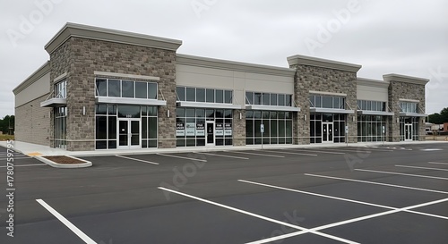 Exterior view of a commercial building with for lease signs and a large parking lot in front