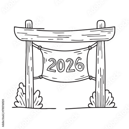 New Year banner hanging across a wooden gate marked with 2026