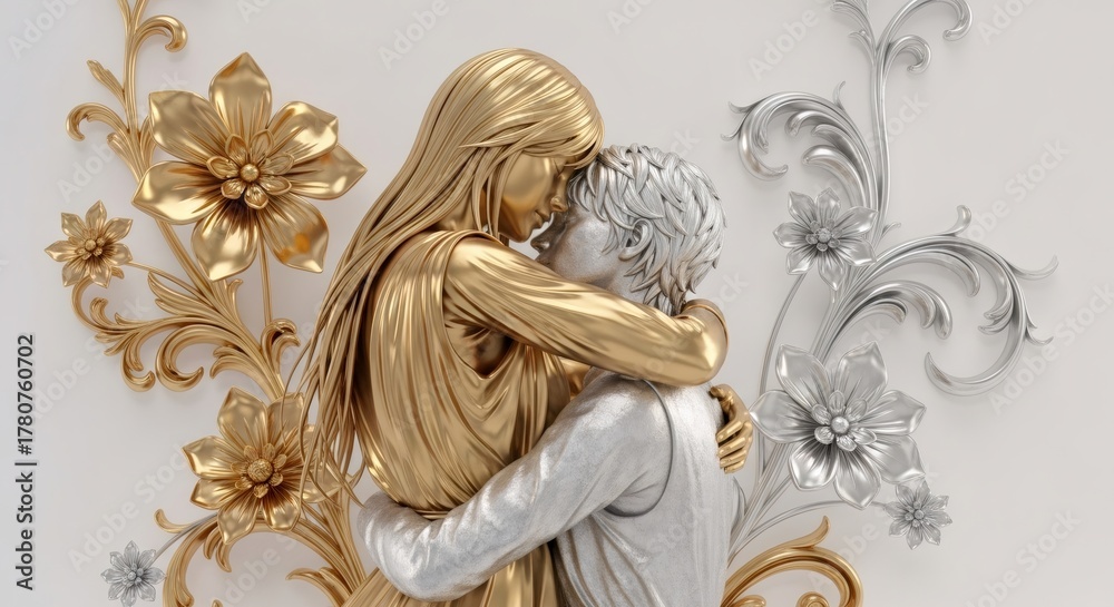 Naklejka premium A gold and silver statue of a couple in a romantic embrace. 3D rendering of metallic figures with decorative floral ornaments. Love and intimacy concept.