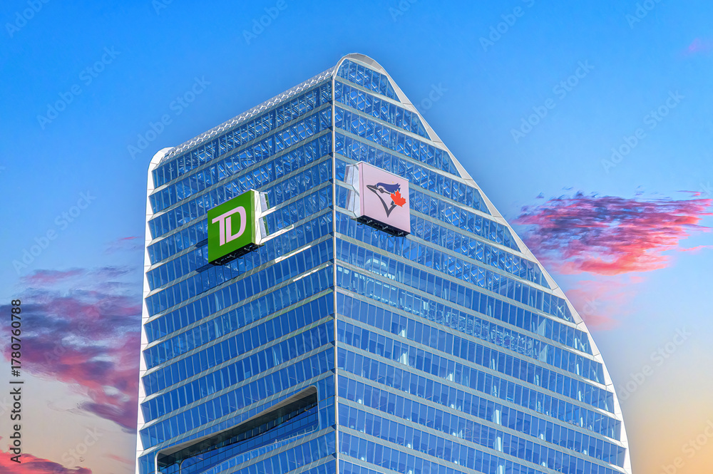 Fototapeta premium Financial distrct skyscraper with MLB Blue Jays logo during the World Series of baseball, Toronto, Canada