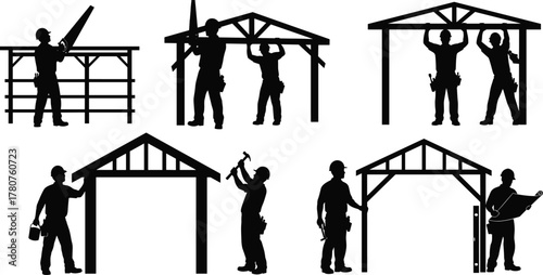 Silhouette vector illustration of construction workers building pitched roof structure, measuring, sawing, hammering, painting, teamwork, architecture, safety, labor, tools, and industry