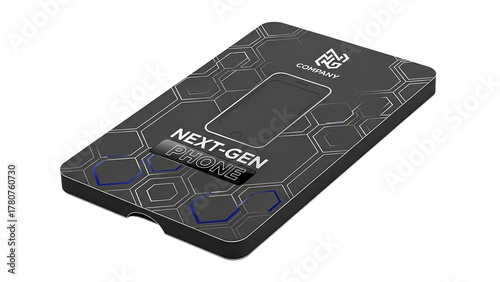 Dark electronic device packaging mock up displays futuristic hexagonal design elements