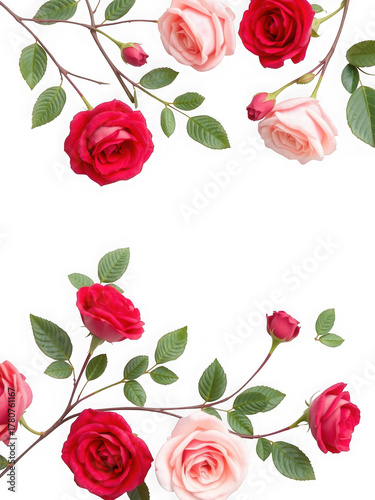 Floral frame with red and pink roses arrangement on transparent background