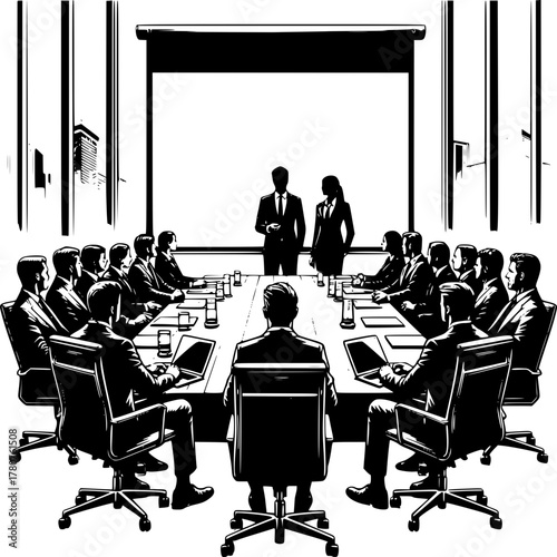 Boardroom Dynamics: A monochrome image captures the essence of a corporate meeting, with a group of individuals in suits, seated around a large table, engaged in a focused discussion.