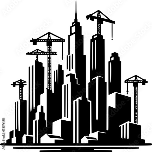 Cityscape Silhouette: An architectural illustration of a city skyline dominated by soaring skyscrapers and towering construction cranes, a symbol of urban development and growth.