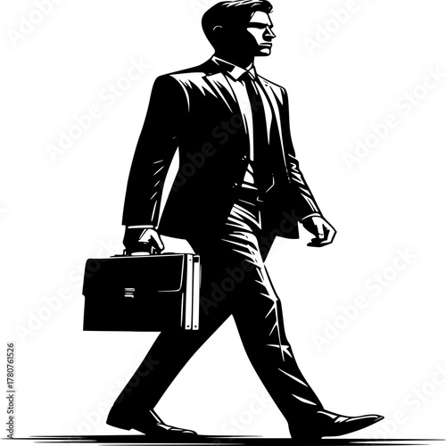 Executive Silhouette: An elegantly suited man confidently strides forward, clutching a briefcase, embodying ambition and professional success.