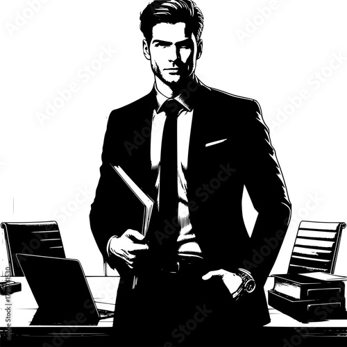 Confident Professional: A stylish professional in a sharp suit stands with assured poise, the epitome of executive elegance in a modern office.