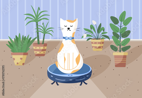 Funny pet cat sits on a robot vacuum cleaner. The interior of a room with flowers. Concept of home cleaning and automation of Household. Vector illustration of a flat cartoon style.