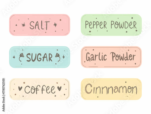 Pastel Pantry Labels Salt, Pepper, Sugar, Garlic, Coffee, Cinnamon