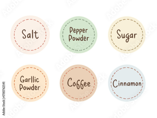 Set of charming pastel vector labels for kitchen pantry organization. Hand-drawn style text for common ingredient jars salt, pepper, sugar, coffee, garlic, and cinnamon