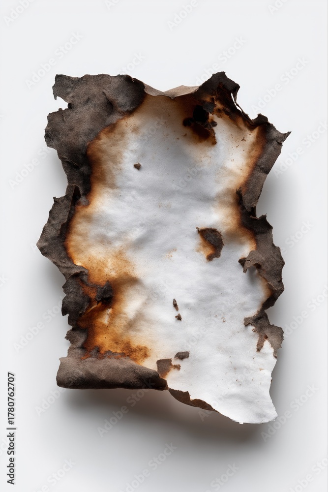 Fototapeta premium Charred paper with burn marks on white background