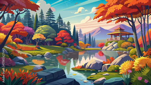 Very beautiful Asticou Azalea Garden in Acadia National Park, Maine, USA, featuring vibrant autumn foliage, calm lake reflections, colorful trees, and a serene peaceful atmosphere in a realistic lands