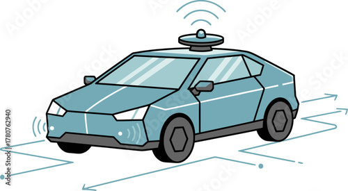 An illustration of a light blue autonomous self-driving car with roof-mounted sensors and front bumper sensors, navigating with data signals.