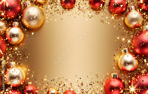 Golden Christmas Background with Circular Red and Gold Ornament Frame and Space for Text
