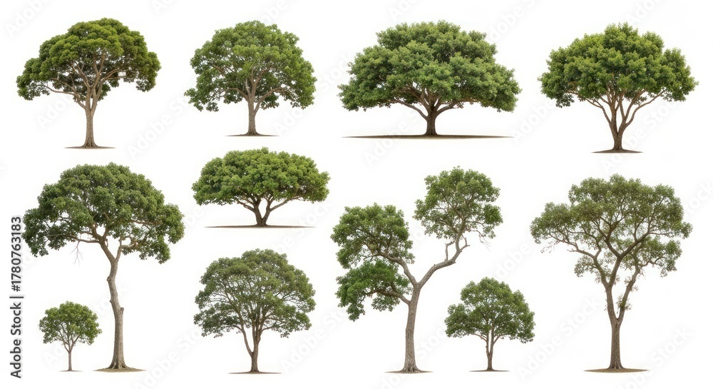 Fototapeta premium Assortment of full, green trees with various shapes, isolated on white