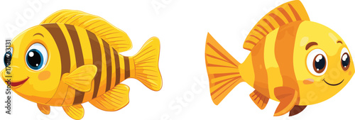 Cute Cartoon Striped Fish Swimming, Mascot Character Illustration for Children's Products, Aquarium Themes, and Aquatic Design
