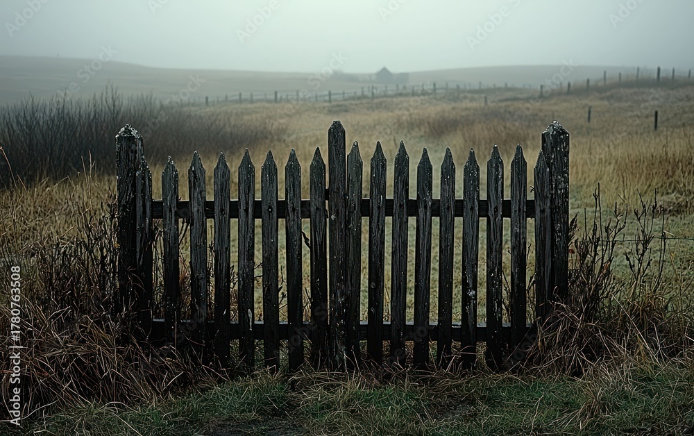 Obraz premium Old wooden gate in a misty field with distant hills and structure