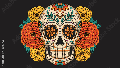 Vibrant Sugar Skull with Marigold Flowers. Dia de los Muertos Calavera Illustration.