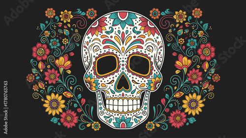 Colorful Calavera Sugar Skull with Floral Ornaments for Dia de los Muertos Celebration